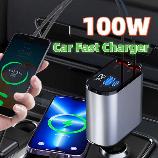 100W Super Fast Car Charger Charging Cable Dual Port Apple USB-C Adapter